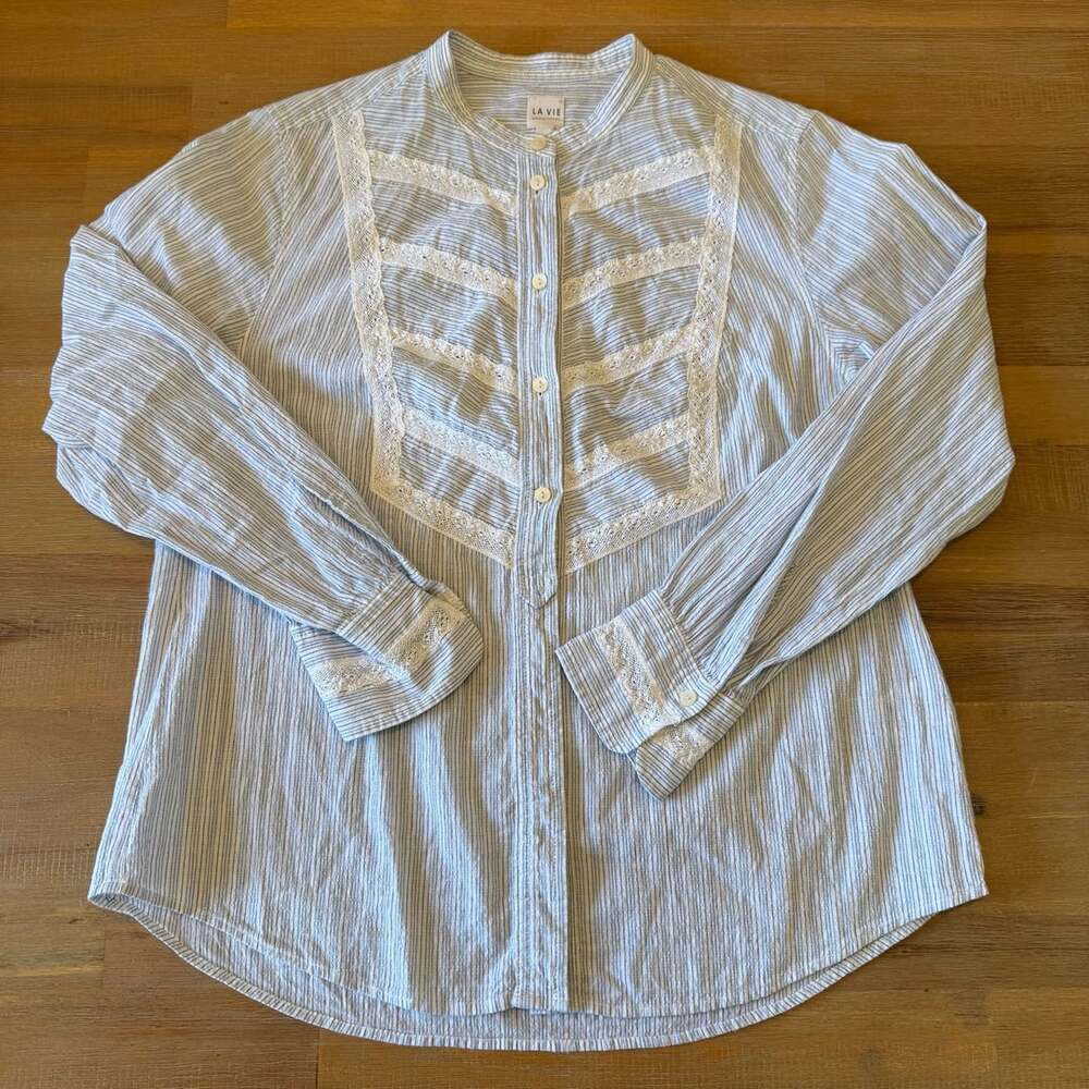 La Vie Rebecca Taylor Lace Inset Pinstripe Button Down Blouse Top Blue White S